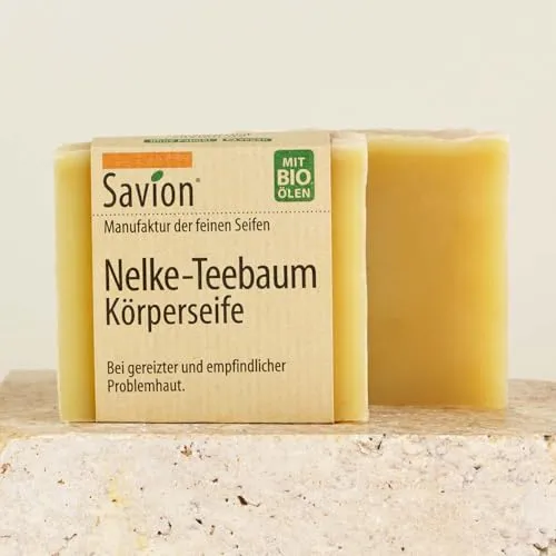 Savion Naturseife Nelke-Teebaum gegen Juckreiz & Ekzeme | Für trockene & empfindliche Haut | Hoch rückfettend (10%) | Vegan | Made in Germany