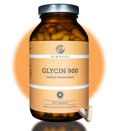 QIDOSHA® Glycin, 240 Kapseln im Apothekerglas, 1800mg L-Glycin je Tagesportion, 900mg je Kapsel, deutsche Fertigung, jede Charge laborgeprüft