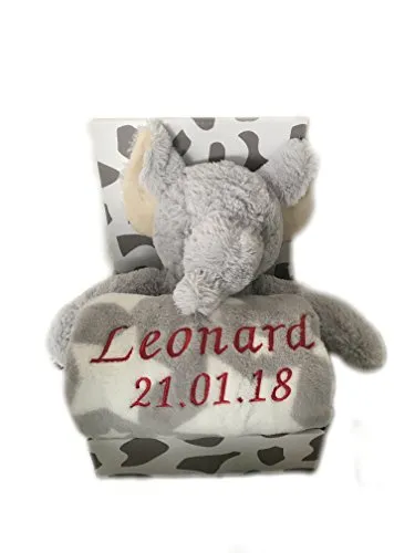 KIDDI-MEDIA Babydecke mit Name & Geburtsdatum Bestickt inkl. Plüsch Stofftier - Geschenk Taufe Geburt/CE-Zertifizierung (Grau/Weiss - Elefant)
