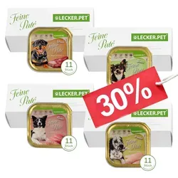 Lecker.Pet® Gino's, Josie's, Luna's & Paula's Feine Paté Mix - 44 x 150g - Vielfältiger Mix aus cremigen, getreidefreien Premium-Hundefuttersorten. Praktische Portionierung in 11 Schalen je Sorte sorgt für Abwechslung und Genuss bei jeder Mahlzeit.