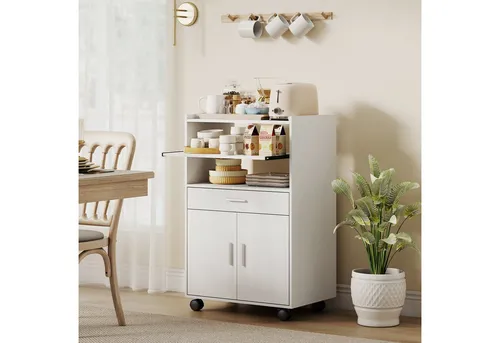 HOMCOM Küchenschrank Sideboard mit Rollen - Buffet mit Mikrowellenregal und viel Stauraum: Ausziehbares Fach, Schublade und Doppeltüren für optimale Organisation in der Küche. Dank der Rollen flexibel und einfach zu bewegen.