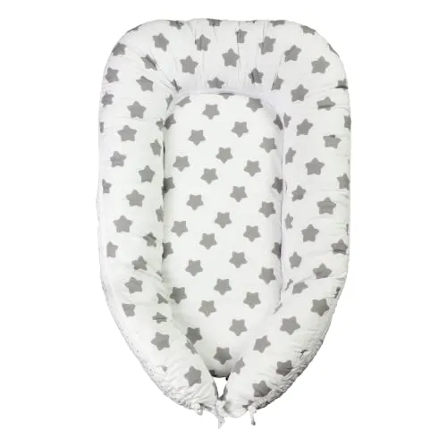 Puckdaddy Babynest Freya - Babynestchen mit Sterne Muster in Weiß, multifunktionales Kuschelnest für Babys & Neugeborene, Reisebett für Säuglinge aus 100% Baumwolle