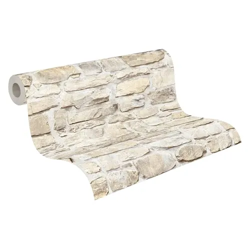 A.S. Création Elements Vliestapete mit Steinmotiv Naturstein 0,53 x 10,05 m – Beige, Creme – Stein Tapete Made in Germany – 363703