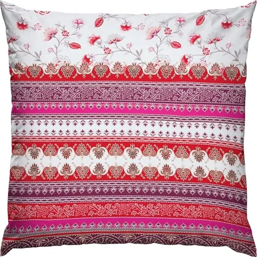 Erwin Müller Mako-Satin Kissenbezug Blumen und Bordüren pink weiß Größe 80x80 cm - seidig weiche Qualität, temperaturausgleichend, mit Reißverschluss