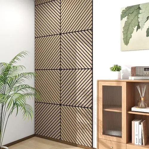 NEU.HOLZ Akustik Wandpaneele Vang 16er Set - 3D-Wandpaneele aus Holzfurnier, ideal zur Schallabsorption und Raumgestaltung. Mit diagonal verlaufenden Lamellen in Walnussoptik setzen sie stilvolle Akzente und sind individuell zuschneidbar für jede Wand.
