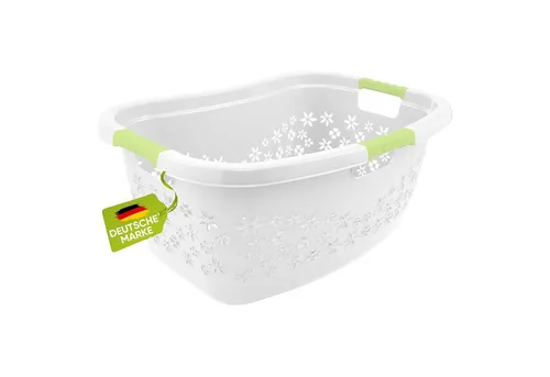 homesti Wäschekorb ergonomischer Wäschekorb weiß/grün 50 L mit Soft-Touch-Griffen, an den Körper angepasste Nierenform