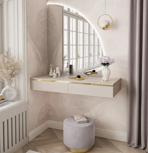lukmebel Schminktisch mit Spiegel und Beleuchtung - Aurora-SQ - Eleganter Schminktisch in Kaschmir mit goldenen Akzenten, praktischen Schubladen und einem Halbmondspiegel mit LED-Beleuchtung. Ideal für stilvolle Kosmetikanwendungen und optimalen Stauraum.