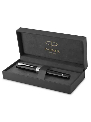 Parker Duofold Classic Füller | Schwarz mit palladium-beschichteten Zierteilen | Größe Centennial | Füllfederhalter mit mittlerer Feder aus Massivgold | schwarze Tinte und Konverter | Geschenkbox