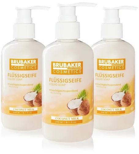 BRUBAKER Handseife Flüssigseife mit Kokosnuss Duft, 3-tlg., feuchtigkeitsspendend, Seife flüssig im praktischen Spender