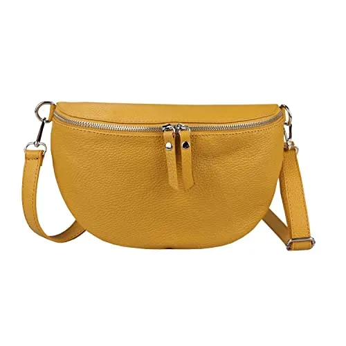 OBC Made in Italy Damen Leder Tasche Medium Handytasche Gürteltasche Crossbody Hüfttasche Bauchtasche Umhängetasche Cross-Over Bodybag Schultertasche Kosmetiktasche Senfgelb