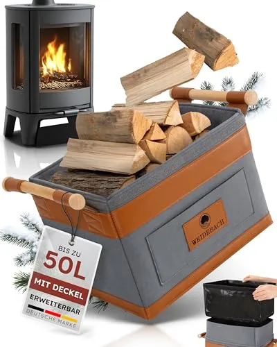 WEIDEBACH® Holzkorb für Kaminholz 35L (erweiterbar auf 50L), Kaminholzkorb grau schwer belastbar, Feuerholzkorb 40cm x 30cm x 30cm, Brennholzkorb mit rutschfestem Griff, Kaminholz Aufbewahrung