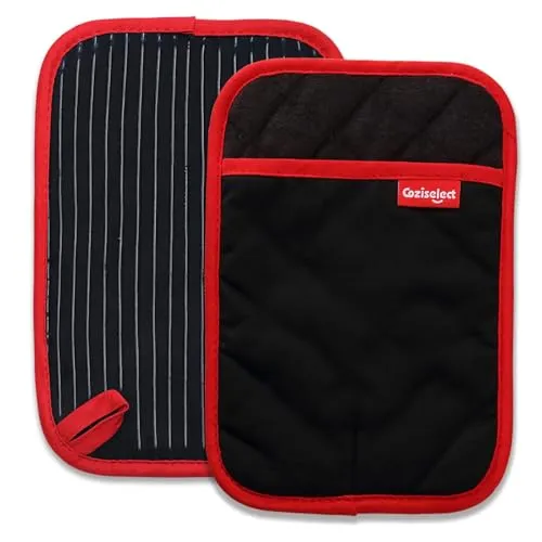 Coziselect Topflappen Sets, Hitzebeständige Topflappen mit Rutschfesten Taschen für Küche, Grill, Strapazierfähige, Reine Baumwolle und Frottee Futter, Schwarz