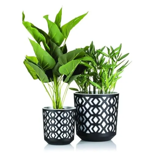 HowHomely Schwarz Blumentopf mit Weiß Pflanzkübel Einsatz - Set aus 2 Übertopf für Wohnzimmer Garten oder Terrasse - Leichter und Stabiler Blumenkübel Wetterfest
