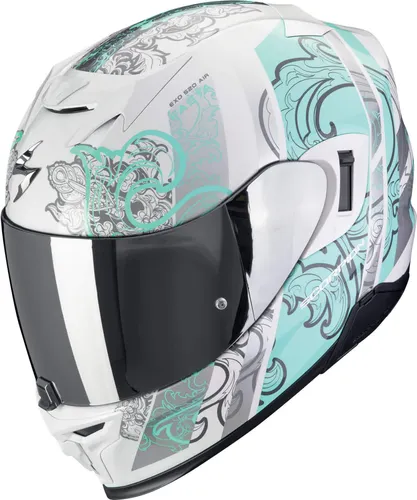 Scorpion EXO-520 Evo Air Fasta Integralhelm - Weiß/Hellblau - XXS - Motorradhelm mit ECE 22.06 Zertifizierung, bietet herausragenden Komfort dank aufblasbarer Wangenpolster und integrierter Sonnenblende für optimale Sicht und Sicherheit.