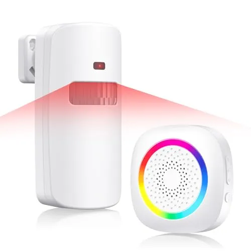 TECKNET Durchgangsmelder Alarm Klingel, PIR Bewegungssensor Innen, 6M*110° Erfassungsbereich, RGB-Anzeigeleuchte, 61 Melodien&120dB, 5-stufige Lautstärke, für Zuhause, Geschäfte, Garage, Wohnmobil