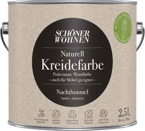 Schöner Wohnen Naturell Kreidefarbe matt 2,5 L - Nachthimmel (sanftes Anthrazit) - Umweltfreundliche Wandfarbe für Innenräume, ideal auch für Möbel. Die vegane Rezeptur ist schadstoff- und emissionsarm, bietet eine hochdeckende, pudermatte Oberfläche.