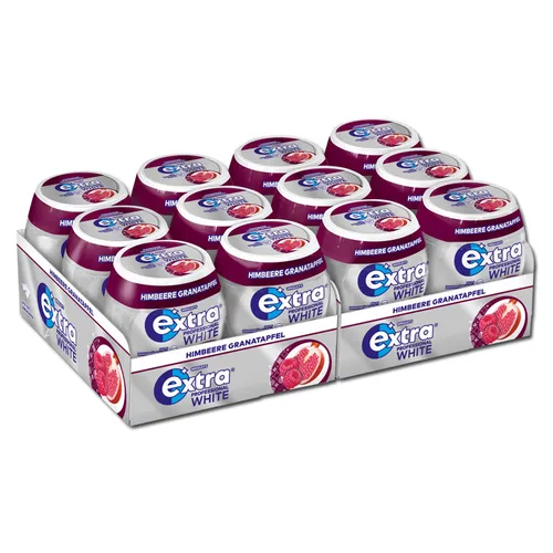 Wrigleys Extra Professional White Himbeere Granatapfel Kaugummi, 12 Dosen je 70g - Zuckerfreier Kaugummi mit fruchtigem Geschmack von Himbeere und Granatapfel. Ideal für alle Gelegenheiten und in praktischen Dosen verpackt.