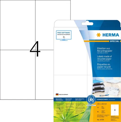 HERMA Etiketten Etiketten Recyclingpapier A4 105x148mm weiß VE=20 Blatt/80 Stück