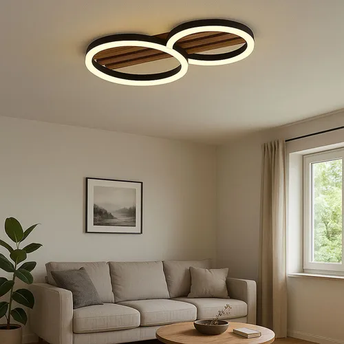 LED Deckenleuchte Ringe schwarz - Designleuchte für stilvolle Wohnzimmer - Lampen: Moderne Deckenleuchte mit eleganten Ringen, 850 Lumen für warmes Licht und Holzlamellen-Optik. Perfekt für gemütliche Atmosphäre in jedem Raum.