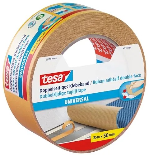 tesa Doppelseitiges Klebeband Universal - Vielseitiges Klebeband für Verpackungen, Deko und Teppiche oder zum Basteln - 25 m x 50 mm