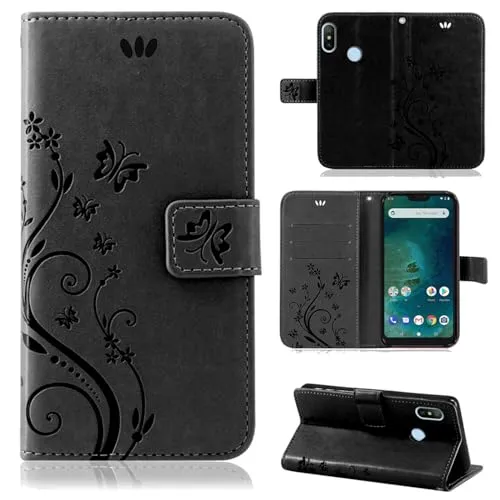 betterfon Hülle Kompatibel mit Xiaomi Redmi 6 | Premium PU Leder Handyhülle Wallet Case für Redmi 6 | Schutzhülle Blumen Klapphülle Handyhülle | Schwarz