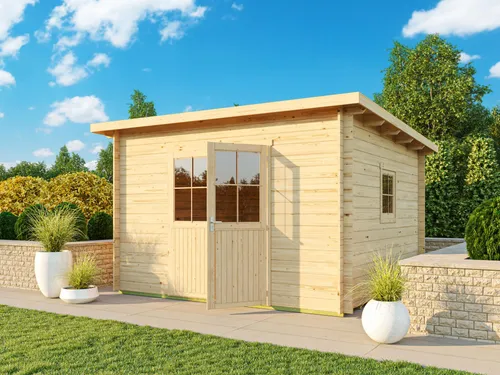 Fjordholz Pultdach Gartenhaus Ezra 5E - Massives Pultdach Gartenhaus aus 28mm nordischer Fichte, mit stabilen Doppeltüren und einem praktischen Einzelfenster. Ideal für Ihre Gartenprojekte, individuell anpassbar und mit hochwertigem Montagematerial.