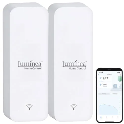 Luminea Home Control Temperatursensor 2er-Set - Temperatur- & Feuchtigkeits-Sensoren mit Bluetooth und App, speichert Werte der letzten 12 Wochen, kompatibel mit Alexa und Google Assistant für einfache Steuerung.