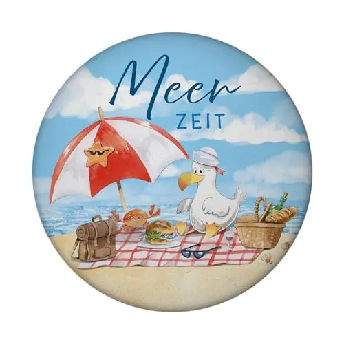Möwe am Strand Magnet mit Flaschenöffner rund mit Spruch Meerzeit Nordlicht-Flair für Zuhause Urlaubserinnerung an die Küste mit Freunden Seestern-Dekor