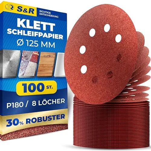 S&R Klett Schleifpapier Set 125 mm, Meister, 8 Löcher, 100 St. in Körnung P180, Schleifblätter, Schleifscheiben für Exzenterschleifer, Klettschleifpapier, zuverlässige Haftung am Schleifteller