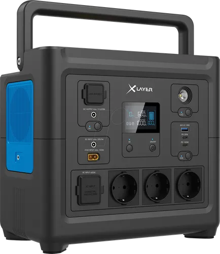 XLAYER 220063 - Powerstation 1000W - Mobile Powerstation (835 Wh) für zuverlässige Stromversorgung beim Camping, mit 8 Anschlüssen und Quick Charge 3.0 für schnelles Laden von Mobilgeräten.