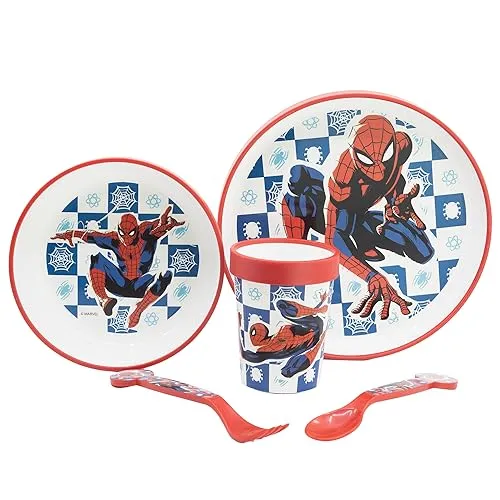 5-TEILIGES KINDERGESCHIRR MIT RUTSCHFESTEM BODEN. TELLER, SCHÜSSEL, 260ML GLAS UND BESTECK. BPA-FREI | SPIDERMAN ARACHNID GRID