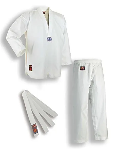 Ju-Sports Taekwondo Anzug Chagi Weiß 150 I Dobok Taekwondo für Kinder & Erwachsene I Taekwondo Kimono in Ripp-Optik inkl. weißem Gürtel I Hose mit Kickzwickel I 100% Baumwolle