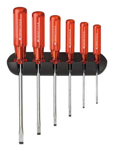 PB Swiss Tools Schraubendreher-Satz 6-teilig Schlitz im Wandhalter Classic - PB 240 - Schraubendreher-Satz mit 6 hochwertigen Schlitzschraubendrehern, platzsparend im Wandhalter, ideal für Werkstätten und Heimwerker.