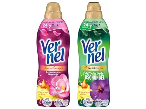 VERNEL Weichspüler-Set 2x 37 Waschladungen (74WL) Aromatherapie 1x Bezaubernde Magnolie & 1x Faszinierender Dschungel, langanhaltender Wäscheduft mit ätherischen Ölen für 24/7 Frische