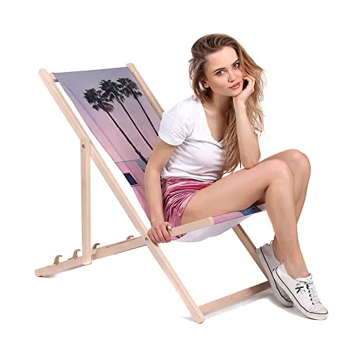 DreamRoots Liegestuhl Klappbar Holz aus Buchenholz, bis 130 kg belastbar, 3-Fach verstellbare Rückenlehne, waschbarer Polyesterbezug
