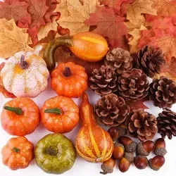 FEPITO Herbstdeko Set 56 Teile mit Kürbissen, Tannenzapfen und Blättern - Gestalte deine Herbstdekoration mit dem 56-teiligen Set aus Kürbissen, Tannenzapfen und Blättern. Ideal für Tischmittelstücke und Girlanden, sorgt es für eine einladende Atmosphäre bei Halloween und Thanksgiving.