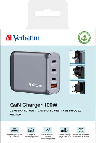 Verbatim GaN Charger 100 W - 4 Ports USB-C Ladegerät mit 3 x USB-C und 1 x USB-A, ultraleicht und ideal für schnelles Laden unterwegs