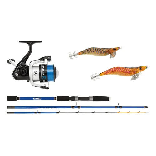 Mitchell Riptide R Squid Tintenfisch Ruten und Rollen Combo Set, Blau/Weiß, 30 - Angelruten Set mit salzwasserresistenten Komponenten, inklusive Mitchell Tanager R 3000 Rolle und zwei Berkley EGI Master-Ködern für erfolgreiches Angeln.