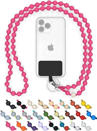 BEARFOOT DROPLETSY Holzperlen Handykette universal, handgefertigt, Schlüsselband, Kette, Necklace zum Umhängen - kompatibel mit allen Smartphones: Apple iPhone, Samsung Galaxy (ohne Hülle, ThePink)