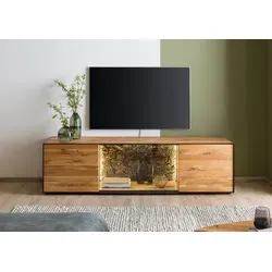 Lowboard STARNBERG aus Wildeiche 200x53x55 - Elegantes TV-Lowboard aus natur geöltem Massivholz mit 5 Fächern und edler Rückwand aus Baumrinde. Inklusive dimmbarer LED-Beleuchtung und Push-to-Open-Funktion für ein modernes Wohnambiente.