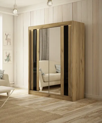 Kleiderschrank Cosmo 150 cm inklusive 2 Schiebetüren Lieferung bis in die Wohnung Kleiderstange Garderobe Schrank (Farbe: Eiche craft gold, lacobel schwarz)