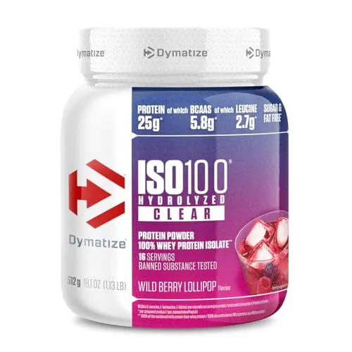 Dymatize ISO 100 Hydrolized Clear Whey Protein Pulver Wild Berry Lollipop 512g - Hochwertiges Molkenproteinisolat mit 25 g Protein pro Portion. Zucker- und fettfrei, glutenfrei und ideal für Vegetarier. Perfekt für den aktiven Lebensstil und getestet auf verbotene Substanzen.