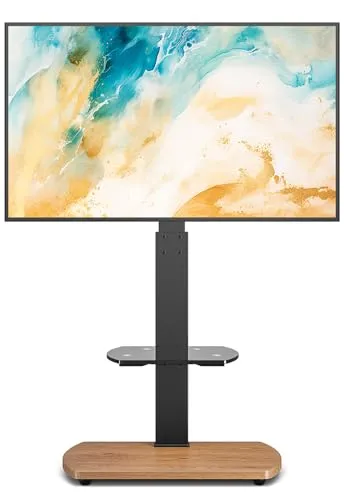 Ttap TV-Ständer für 32-65 Zoll Fernseher mit Eichenboden und Glasablage, mit Drehgelenk und höhenverstellbarer Halterung (Eiche)