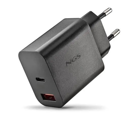 NGS ERA 30W Black - GAN Ladegerät 30 W mit USB-C (PD & PPS) und USB-A QC 3.0, Intelligentes Schnellladen, Dual-Port, Kompakt und Tragbar, Kompatibel mit Smartphones, Tablets und Laptops
