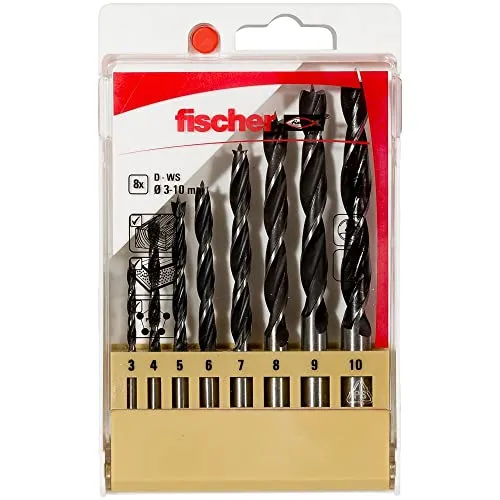 fischer Holzbohrer Set, 3 - 10 mm Durchmesser, Aufsätze für Bohrmaschinen, Bohrerset mit verschiedenen Größen, Werkzeug zum Bohren in Weich- und Hartholz, 8er Pack