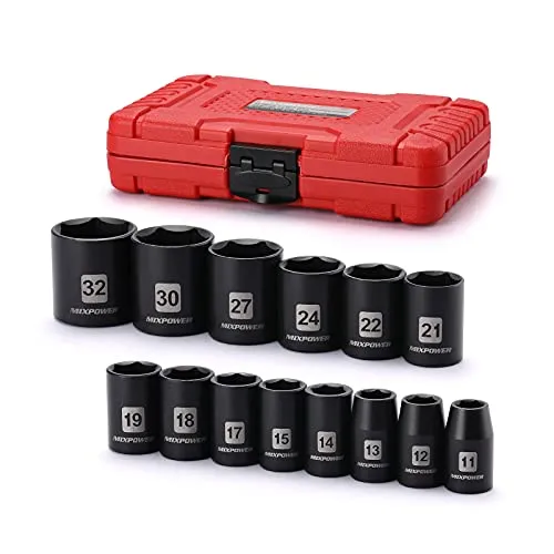 MIXPOWER 14-teiliges 1/2-Zoll-Antriebs-Satz, flache Schlagschrauber-Steckschlüssel-Set, 11-32 mm, CR-V, metrisch, 6-kant, flach, 14 Stück 1/2-Zoll-Dr.-Shallow Socket