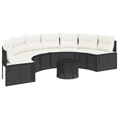 vidaXL Halbrundes Gartensofa mit Tisch und Kissen - Schwarz - Gartenmöbel-Set in halbrundem Design aus langlebigem PE-Rattan, ideal für entspannte Stunden im Freien. Bequeme Kissen mit abnehmbaren Bezügen und eleganter Glas-Tischplatte.