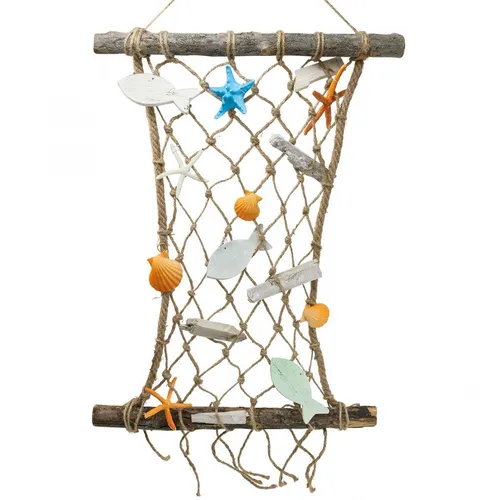 Maritime Wanddeko Fischernetz mit Muscheln, Seesternen & Treibholz - Dekorative Wanddeko im Naturlook für maritime Akzente. Ideal für Sommerdeko, aus hochwertigem Jute gefertigt und mit Muscheln und Seesternen verziert.