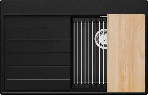 PRIMAGRAN Spülbecken Schwarz 78x50cm, Granitspüle 1 Becken + Ablauf-Set + Küchenzubehörset, Küchenspüle ab 45er Unterschrank - Sydney S165