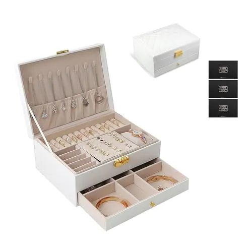 TAVADA Schmuckkästchen,2 Ebenen Schmuckaufbewahrung schmuckschatulle Reise PU-Leder,Leder schmuckschatulle,Schmuckaufbewahrung Reise,Schmuckschatulle mit tragbarer für Ringe,Ohrringe,Halskette-Weiß